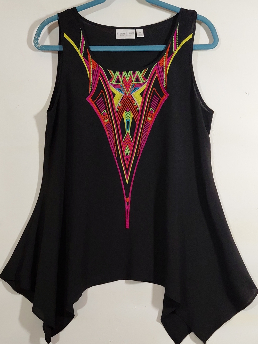 Bisou Bisou Black Tank Top with Pink Neon Yellow Embroidery Assymetrical Hem Med